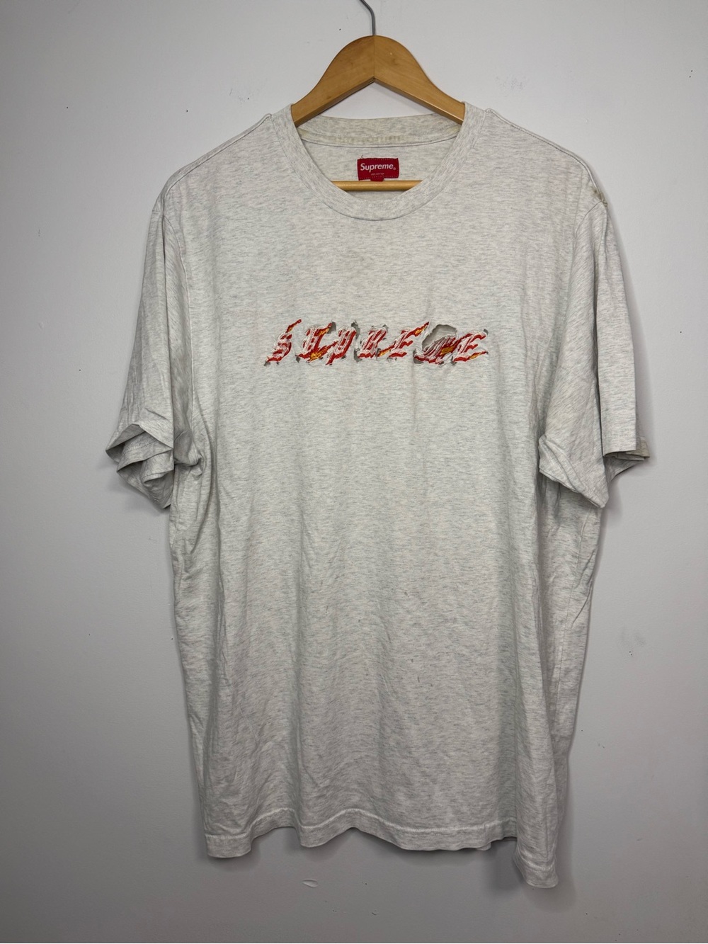 Supreme Flame Distressed Heather Grey Embroidered Logo T-Shirt XL
